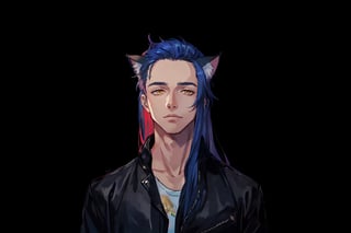 1boy, male focus, long blue hair, cat ears, animal ears, animal ear fluff, gold eyes, leather jacket, tshirt, portrait, upper body