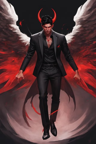 Angel Wings, Lucifer the devil incarnate, male focus, wild hair, black hair, tattoos, devil horns, masculine, (red-black:1.1), flying, realistic, expressive, gradient, oil paint