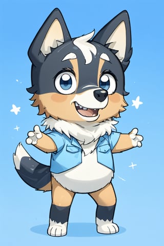 Bluey Style, Bluey Irwin Chibi, blue heeler, two-tone fur,   blue fur, white fur, solo, looking at viewer, smile, open mouth, simple background, 1girl, animal ears, standing, tail, full body, male focus, black eyes, arms up, blue background, happy, outstretched arms, furry, furry girl, body fur, animal nose, 