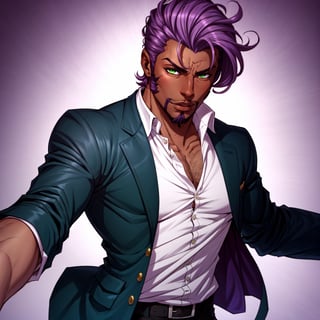 solo, 1boy, male focus,  dark skinned male, dark skin, light purple hair,  green eyes, stubble, goatee, lips, shirt, open_blazer, hyur, specular highlights, gradient, dynamic pose,