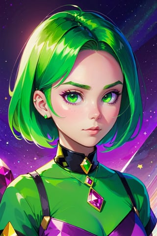 Steven Universe Style, 1girl, solo, short hair, closed mouth, green eyes, green hair, choker, pointy ears, artist name, colored skin, gem, portrait, purple background, green skin
