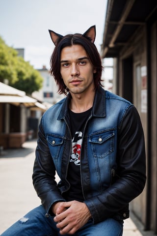 Chris_Xvoor, 1boy, male focus, solo, looking at viewer,, blue eyes, black hair, animal ears, sitting, jacket, red hair, outdoors, day, pants, cat ears, blurry, black jacket, torn clothes, blurry background, denim, jeans, leather, torn pants, leather jacket, torn jeans, denim jacket, upper body, specular highlights, detailed face, detailed eyes, detailed hair, textured hair, rim lighting, extreme light and shadow, masterpiece, official art, portrait