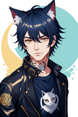 1boy, male focus, long  navy blue hair, cat ears, animal ears, animal ear fluff, gold eyes, leather jacket, tshirt, portrait, upper body, tattoos, anarchist vibes