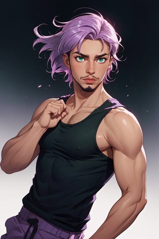 solo, 1boy, male focus, light purple hair,  green eyes, stubble, goatee, dark skinned male, dark skin, lips, shirt, tank top, hyur, specular highlights, gradient, dynamic pose,