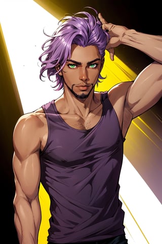 solo, 1boy, male focus, light purple hair,  green eyes, stubble, goatee, dark skinned male, dark skin, lips, shirt, tank top, hyur, specular highlights, gradient, dynamic pose,