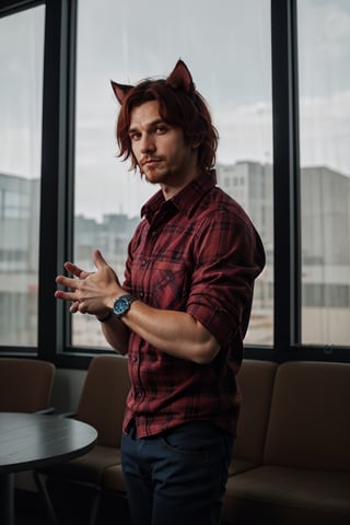 Matoyaiivi Naagora Solas, solo, brown hair, shirt, 1boy, animal ears, male focus, red hair, pants, cat ears, plaid, window, facial hair, own hands together, denim, red shirt, watch, wristwatch, plaid shirt, animal ears, animal ear fluff, indoors,  depth of field, specular highlights, 