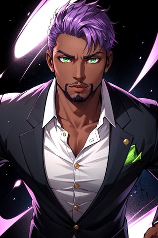 solo, 1boy, male focus,  dark skinned male, dark skin, light purple hair,  green eyes, stubble, goatee, lips, shirt, open_blazer, hyur, specular highlights, gradient, dynamic pose,