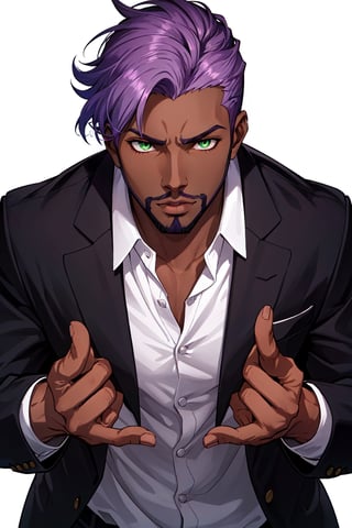 solo, 1boy, male focus,  dark skinned male, dark skin, light purple hair,  green eyes, stubble, goatee, lips, shirt, open_blazer, hyur, specular highlights, gradient, dynamic pose,