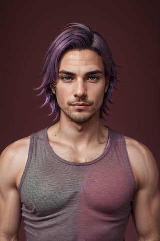  solo, 1boy, male focus, light purple hair,  green eyes, stubble, goatee, dark skinned male, dark skin, lips, shirt, tank top, hyur, specular highlights, gradient, dynamic pose,