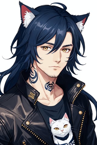 1boy, male focus, long hair, fluffy hair,   navy blue hair, cat ears, animal ears, animal ear fluff, gold eyes, leather jacket, tshirt, portrait, upper body, tattoos, anarchist vibes