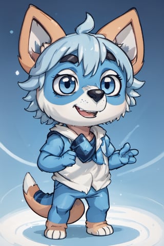 Bluey Style, Bluey Irwin Chibi, blue heeler, blue fur,  solo, looking at viewer, smile, open mouth, simple background, 1boy, animal ears, standing, tail, full body, male focus, black eyes, arms up, blue background, happy, outstretched arms, furry, furry male, body fur, animal nose, two-tone fur, blue fur