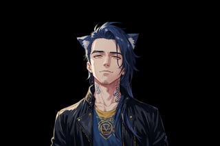 1boy, male focus, long hair, fluffy hair,   navy blue hair, cat ears, animal ears, animal ear fluff, gold eyes, leather jacket, tshirt, portrait, upper body, tattoos, anarchist vibes, clean shaven