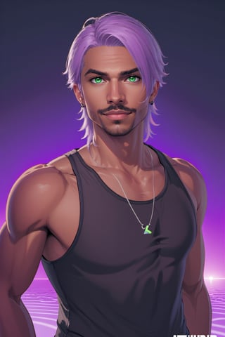 Aeron X'voor, solo, 1boy, male focus, green eyes, light purple hair, stubble, goatee, dark skinned male, dark skin, lips, shirt, tank top, hyur, specular highlights, gradient, dynamic pose,