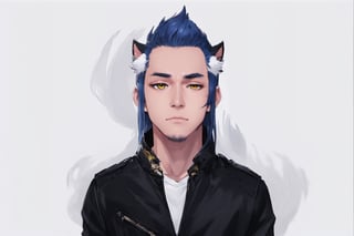 1boy, male focus, american, long hair, fluffy hair, navy blue hair, cat ears, animal ears, animal ear fluff, gold eyes, leather jacket, tshirt, portrait, upper body, tattoos, anarchist vibes, clean shaven