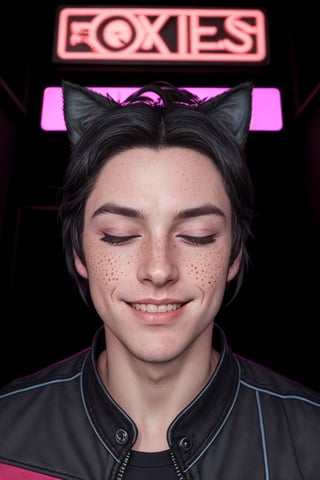 Maverick Ellis Rowe, 1boy, male focus, solo, looking at viewer, smile, blue eyes, black hair, animal ears, one eye closed, cat ears, lips, night, freckles, realistic, neon lights