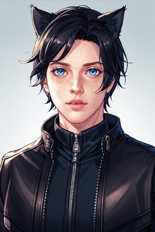 Maverick Ellis Rowe, 1boy, male focus, solo, looking at viewer, short hair, blue eyes, simple background, black hair, animal ears, jacket, cat ears, lips, zipper, freckles, realistic, nose, leather