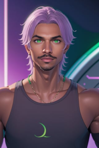 Aeron X'voor, solo, 1boy, male focus, green eyes, light purple hair, stubble, goatee, dark skinned male, dark skin, lips, shirt, tank top, hyur, specular highlights, gradient, dynamic pose,