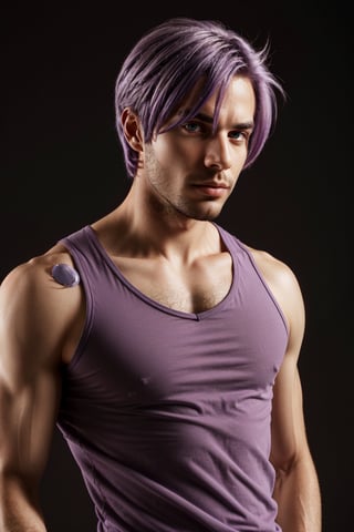 solo, 1boy, male focus, light purple hair,  green eyes, stubble, goatee, dark skinned male, dark skin, lips, shirt, tank top, hyur, specular highlights, gradient, dynamic pose,