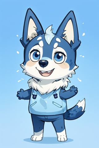 Bluey Style, Bluey Irwin Chibi, blue heeler, two-tone fur,   blue fur, white fur, solo, looking at viewer, smile, open mouth, simple background, 1boy, animal ears, standing, tail, full body, male focus, black eyes, arms up, blue background, happy, outstretched arms, furry, furry male, body fur, animal nose, 