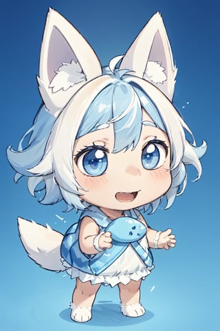 Bluey Style, Bluey Irwin Chibi, blue heeler, two-tone fur,   blue fur, white fur, solo, looking at viewer, smile, open mouth, simple background, 1girl, animal ears, standing, tail, full body, black eyes, arms up, blue background, happy, outstretched arms, furry, furry girl, body fur, animal nose, 