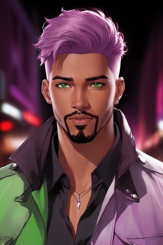 realistic, solo, 1boy, male focus, green eyes, light purple hair, stubble, goatee, maroon background, dark skinned male, tan skin, looking at viewer, lips, shirt, jacket, hyur, specular highlights, gradient