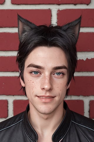 Maverick Ellis Rowe, 1boy, male focus, solo,  looking at viewer, smile, blue eyes, black hair, animal ears, animal ear fluff, cat ears, lips, portrait, freckles, realistic, brick wall