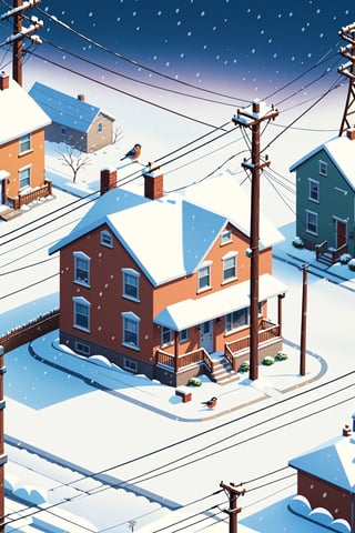 Isometric,outdoors, no humans, window, bird, scenery, snow, snowing, sign, door, house, power lines, utility pole


