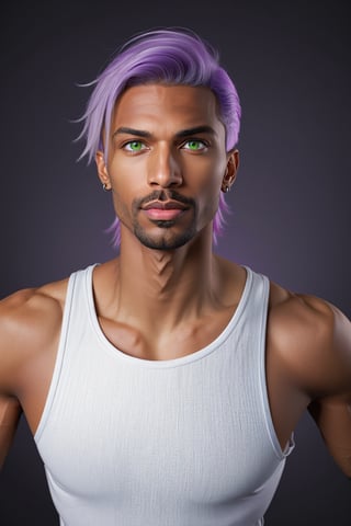 Aeron X'voor, solo, 1boy, male focus, green eyes, light purple hair, stubble, goatee, dark skinned male, dark skin, lips, shirt, tank top, hyur, specular highlights, gradient, dynamic pose,