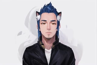 1boy, male focus, american, long hair, fluffy hair, navy blue hair, cat ears, animal ears, animal ear fluff, gold eyes, leather jacket, tshirt, portrait, upper body, tattoos, anarchist vibes, clean shaven