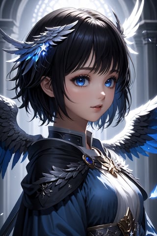 (masterpiece, best quality, ultra-detailed, highres), perfect face, sidelighting, lustrous skin,(bloom), (shine), lighting, ray tracing,head wings, weapon, multiple wings, wings, holding, long hair, sword, armor, black hair, colored skin, white eyes, looking at viewer, glowing, standing, feathered wings, headpiece, blood, glowing eyes, 1girl, short hair, robe, star \(sky\), black lips, straight-on,depth_of_field,very detailed background, highly detailed background, Masterpiece, Ultra detailed, great composition,Dynamic angle,[Bottle bottom],(wide shot), extremely delicate and beautiful,(Highest picture quality), (Master's work), (Detailed eyes description),(Detailed face description), (fantasy), depth of field, solo,Beautiful girl,extreme light and shadow, masterpiece, rich in detail, (fine features), (highest quality), (masterpiece), (detailed eyes), (beautiful) detailed girl,beautiful detailed eyes,(straight-on), full body, (extremely detailed CG unity 8k wallpaper),(masterpiece), (best quality), (ultra-detailed), (best illustration),(best shadow), perfect lighting , perfect anatomy ,