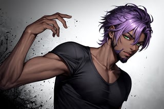 solo, 1boy, male focus,  dark skinned male, dark skin, light purple hair,  green eyes, stubble, goatee, lips, shirt, tank top, hyur, specular highlights, gradient, dynamic pose,