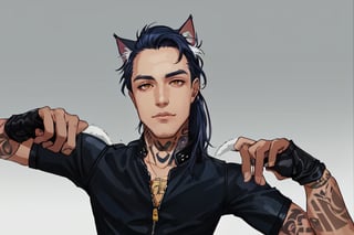 1boy, male focus, long hair, fluffy hair,   navy blue hair, cat ears, animal ears, animal ear fluff, gold eyes, leather jacket, tshirt, portrait, upper body, tattoos, anarchist vibes, clean shaven