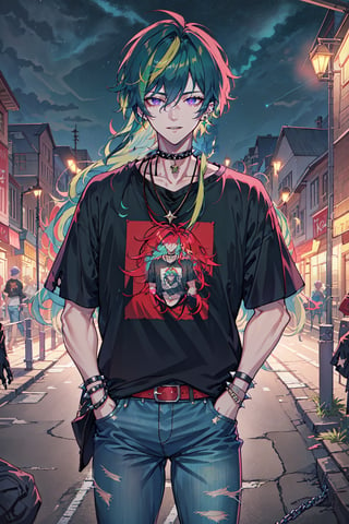 Agenda_Mix, solo, long hair, looking at viewer, bangs, shirt, 1boy, jewelry, purple eyes, collarbone, short sleeves, male focus, multicolored hair, cowboy shot, earrings, outdoors, parted lips, green hair, sky, choker, belt, pants, necklace, nail polish, collar, bracelet, torn clothes, black shirt, tattoo, night, chain, piercing, denim, t-shirt, building, star (sky), night sky, spikes, starry sky, jeans, city, hands in pockets, road, arm tattoo, print shirt, spiked bracelet, spiked collar, lamppost, street, torn pants, chain necklace, torn jeans, detailed eyes, detailed hair, detailed face, textured hair, tone mapping , specular highlights, extreme light and shadow, rim lighting, side lighting, shiny, bloom , masterpiece, official art, subsurface scattering, (zentange, entangle, mandala, spiderwebs, chaos, panic, discord and disorder:0.7)