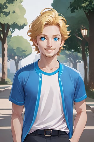 anime avatar of steve irwin, gay man, blonde hair, blue eyes, wearing a tshirt, proud, pride month, happy, goofball, bisexual in denial, formal attire, cel shaded, detailed linework, 1boy, male focus, solo, solo focus,Niji Pride