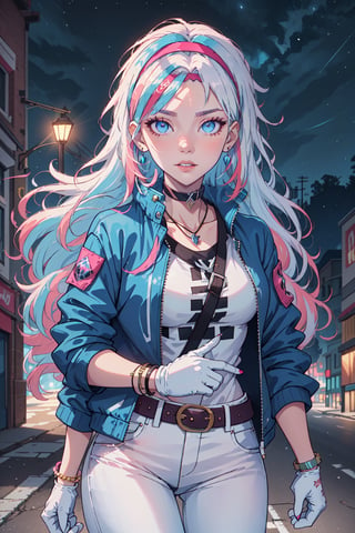 Agenda_Mix, 1girl, solo, long hair, breasts, looking at viewer, blue eyes, shirt, gloves, jewelry, medium breasts, blue hair, jacket, white shirt, pink hair, white hair, multicolored hair, cowboy shot, hairband, earrings, outdoors, parted lips, open clothes, sky, choker, belt, pants, white gloves, fingerless gloves, pink eyes, necklace, nail polish, bracelet, two-tone hair, open jacket, lips, streaked hair, v, night, headband, denim, blue jacket, building, buckle, belt buckle, city, white pants, road, detailed eyes, detailed hair, detailed face, textured hair, tone mapping , specular highlights, extreme light and shadow, rim lighting, side lighting, shiny, bloom , masterpiece, official art, subsurface scattering, (zentange, entangle, mandala, spiderwebs, chaos, panic, discord and disorder:0.7)