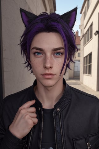 Maverick Ellis Rowe, 1boy, male focus, solo, looking at viewer, short hair, blue eyes, black hair, animal ears, jacket, purple hair, parted lips, cat ears, lips, colored sclera, freckles, realistic, nose