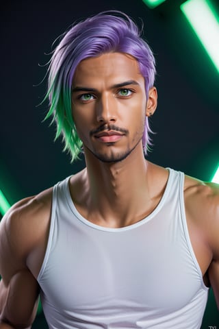 Aeron X'voor, solo, 1boy, male focus, green eyes, light purple hair, stubble, goatee, dark skinned male, dark skin, lips, shirt, tank top, hyur, specular highlights, gradient, dynamic pose,