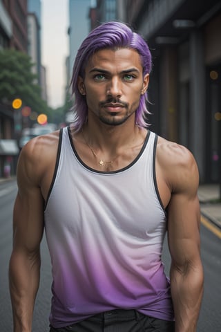 Aeron X'voor, solo, 1boy, male focus, green eyes, light purple hair, stubble, goatee, dark skinned male, dark skin, lips, shirt, tank top, hyur, specular highlights, gradient, dynamic pose,