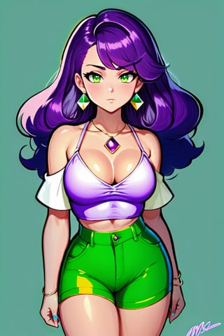 Steven Universe Style, 1girl, solo, breasts, looking at viewer, simple background, cleavage, bare shoulders, jewelry, medium breasts, purple eyes, purple hair, earrings, detached sleeves, midriff, medium hair, necklace, crop top, hand on hip, colored skin, green skin, purple shorts, official art, masterpiece