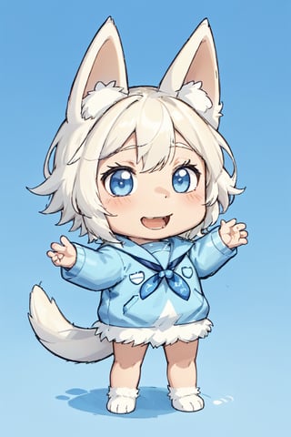 Bluey Style, Bluey Irwin Chibi, blue heeler, two-tone fur,   blue fur, white fur, solo, looking at viewer, smile, open mouth, simple background, 1girl, animal ears, standing, tail, full body, black eyes, arms up, blue background, happy, outstretched arms, furry, furry girl, body fur, animal nose, 