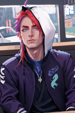 1boy, male focus, pale skin, american, long hair, fluffy hair, two tone hair, purple hair, multicolored hair, red hair, navy blue hair, hooded jacket, tshirt, portrait, upper body, tattoos, anarchist vibes, clean shaven