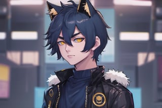 1boy, male focus, american, long hair, fluffy hair, navy blue hair, cat ears, animal ears, animal ear fluff, gold eyes, leather jacket, tshirt, portrait, upper body, tattoos, anarchist vibes, clean shaven