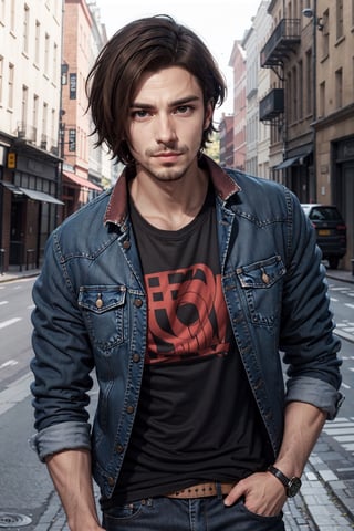 Michael Renne X'voor, solo, brown hair, shirt, 1boy, jacket, upper body, male focus, facial hair, denim, stubble