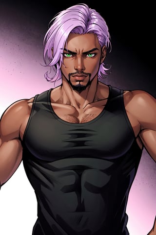 solo, 1boy, male focus, light purple hair,  green eyes, stubble, goatee, dark skinned male, dark skin, lips, shirt, tank top, hyur, specular highlights, gradient, dynamic pose,