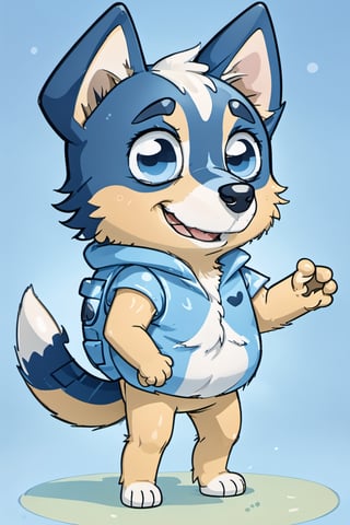 Bluey Style, Bluey Irwin Chibi, blue heeler, two-tone fur,   blue fur, white fur, solo, looking at viewer, smile, open mouth, simple background, 1boy, animal ears, standing, tail, full body, male focus, black eyes, arms up, blue background, happy, outstretched arms, furry, furry male, body fur, animal nose, 