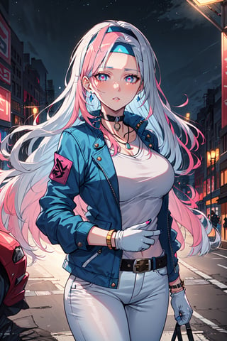 Agenda_Mix, 1girl, solo, long hair, breasts, looking at viewer, blue eyes, shirt, gloves, jewelry, medium breasts, blue hair, jacket, white shirt, pink hair, white hair, multicolored hair, cowboy shot, hairband, earrings, outdoors, parted lips, open clothes, sky, choker, belt, pants, white gloves, fingerless gloves, pink eyes, necklace, nail polish, bracelet, two-tone hair, open jacket, lips, streaked hair, v, night, headband, denim, blue jacket, building, buckle, belt buckle, city, white pants, road, detailed eyes, detailed hair, detailed face, textured hair, tone mapping , specular highlights, extreme light and shadow, rim lighting, side lighting, shiny, bloom , masterpiece, official art, subsurface scattering, (zentange, entangle, mandala, spiderwebs, chaos, panic, discord and disorder:0.7)