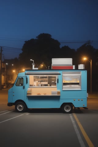 eatery looking food truck stopped by a pole in an empty lot at night