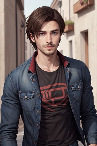 Michael Renne X'voor, solo, brown hair, shirt, 1boy, jacket, upper body, male focus, facial hair, denim, stubble