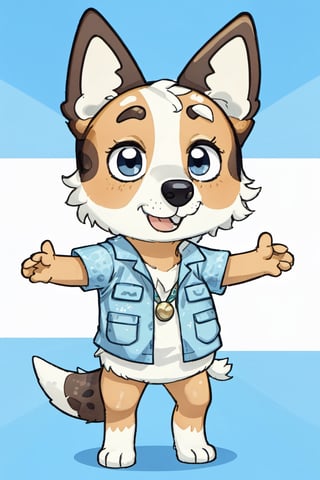 Bluey Style, Bluey Irwin Chibi, blue heeler, two-tone fur,   blue fur, white fur, solo, looking at viewer, smile, open mouth, simple background, 1girl, animal ears, standing, tail, full body, black eyes, arms up, blue background, happy, outstretched arms, furry, furry girl, body fur, animal nose, 