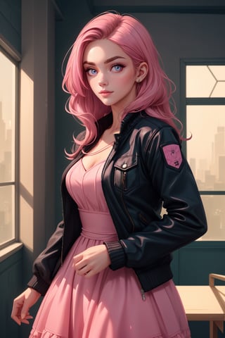 Transgender Female, Kitch, solo, voluptuous, long hair, jacket, indoors, pink dress, specular highlights, detailed face, detailed eyes, upper body, portrait